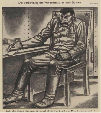 Political cartoon by Erich Schilling depicting Stalin signing the order to banish the Volga Germans to Siberia in 1941.