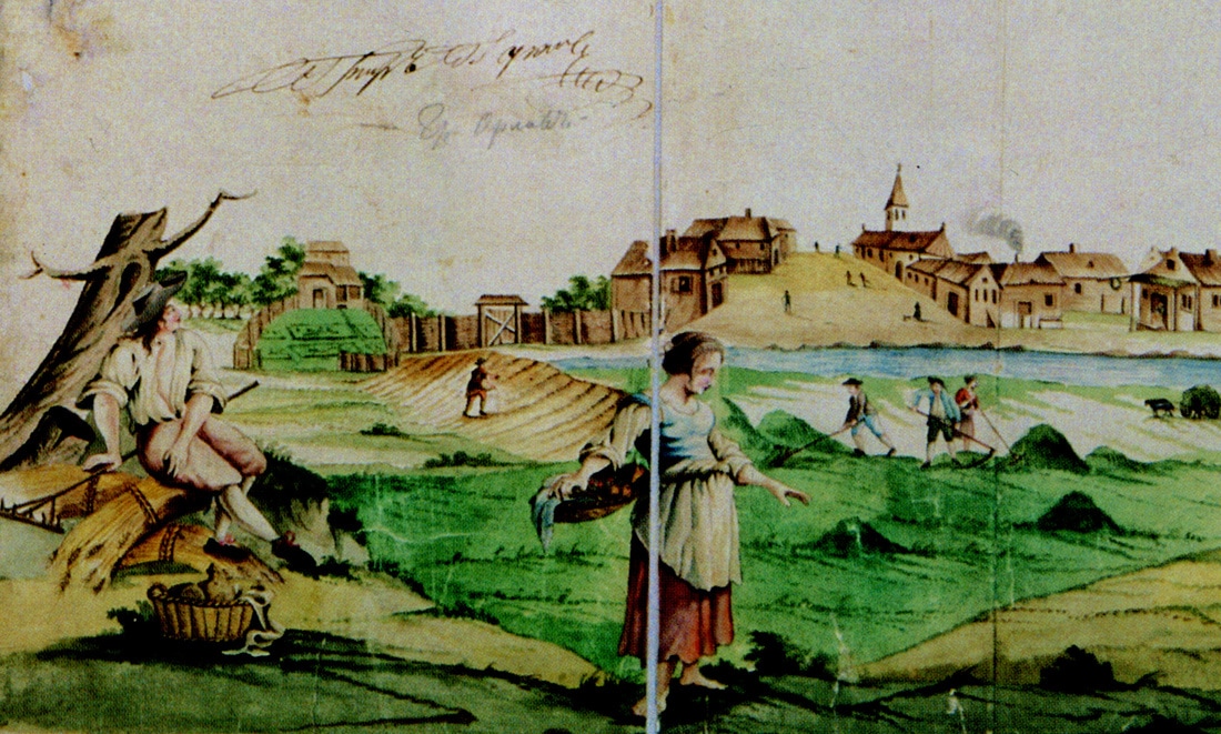 Artwork from an idealized 1760's map depicting life in the Volga German settlement area.