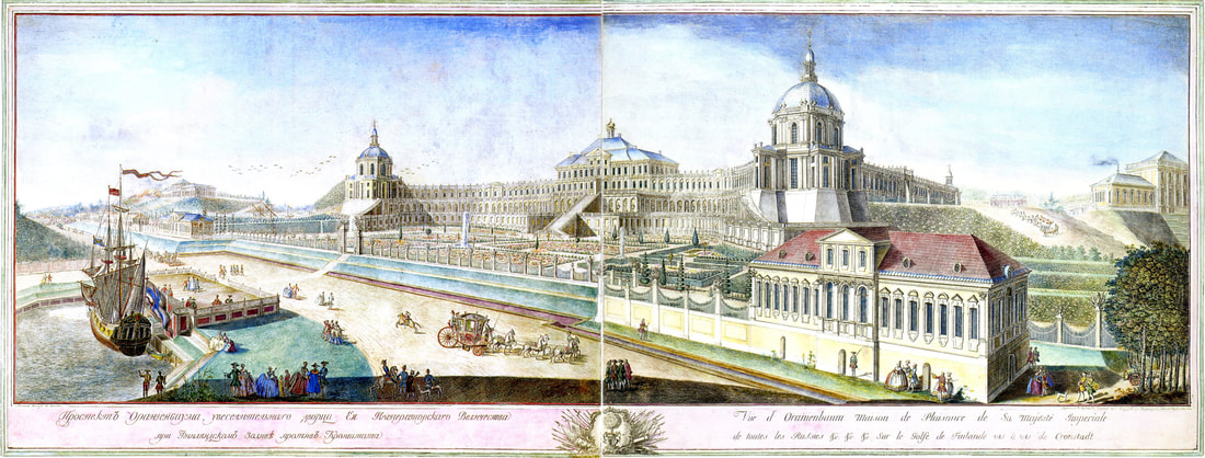 Etching by Mikhail Makhayev of the Prospect of the Grand Palace in Oranienbaum circa 1756-61. This drawing shows the balcony of the palace and a ship anchored in the canal leading to the Gulf of Finland. Source: Wikimedia Commons.