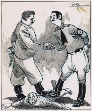 Cartoonof Stalin and Hitler agreeing to divide Poland