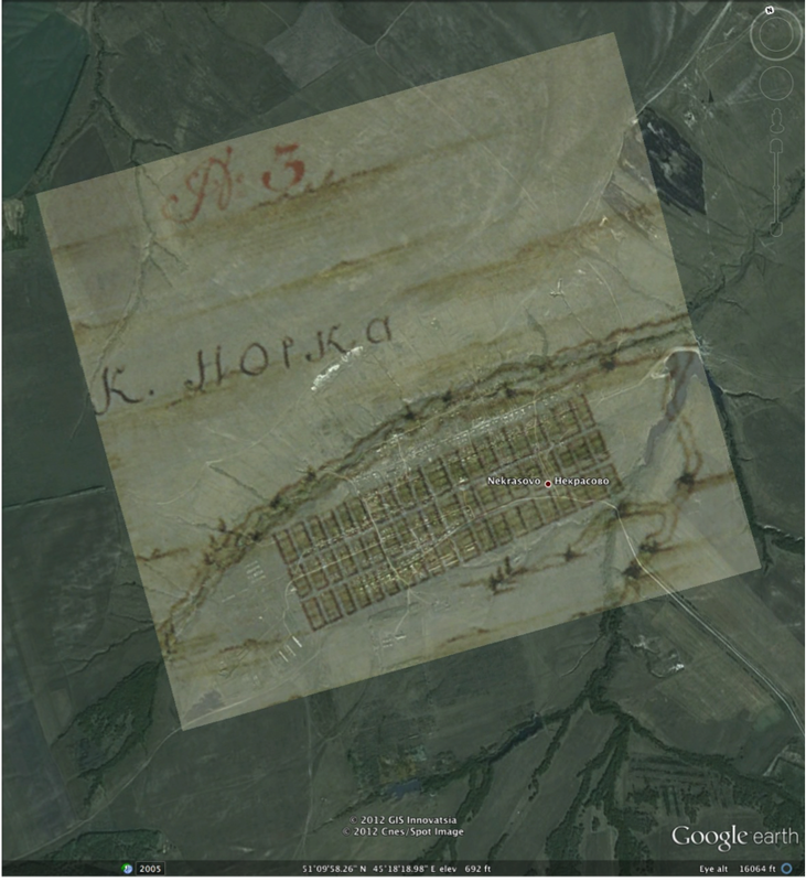 Overlay of 1768 map of Norka with Google Earth image