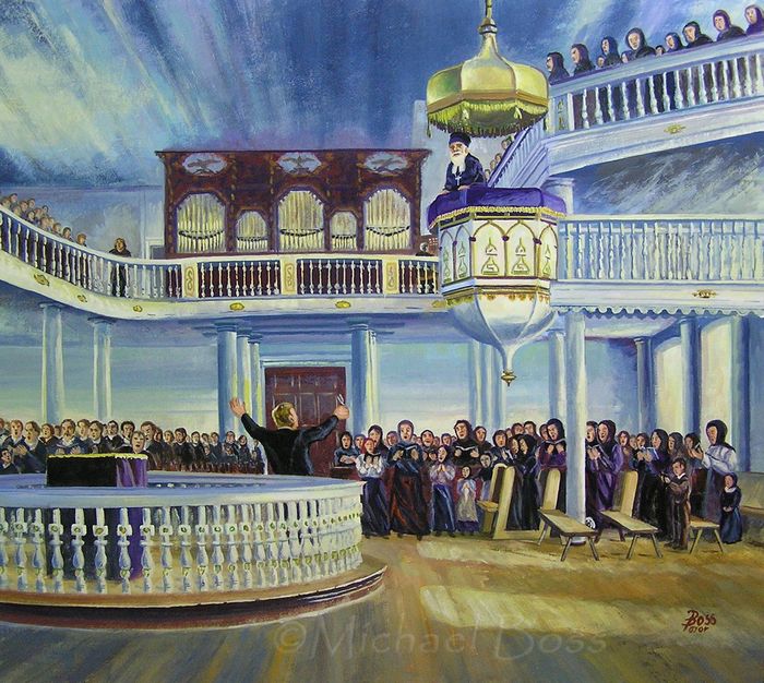 Painting of Norka church service by Michael Boss
