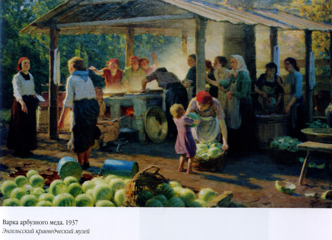 Jakob Weber painting of Volga German women making watermelon syrup.