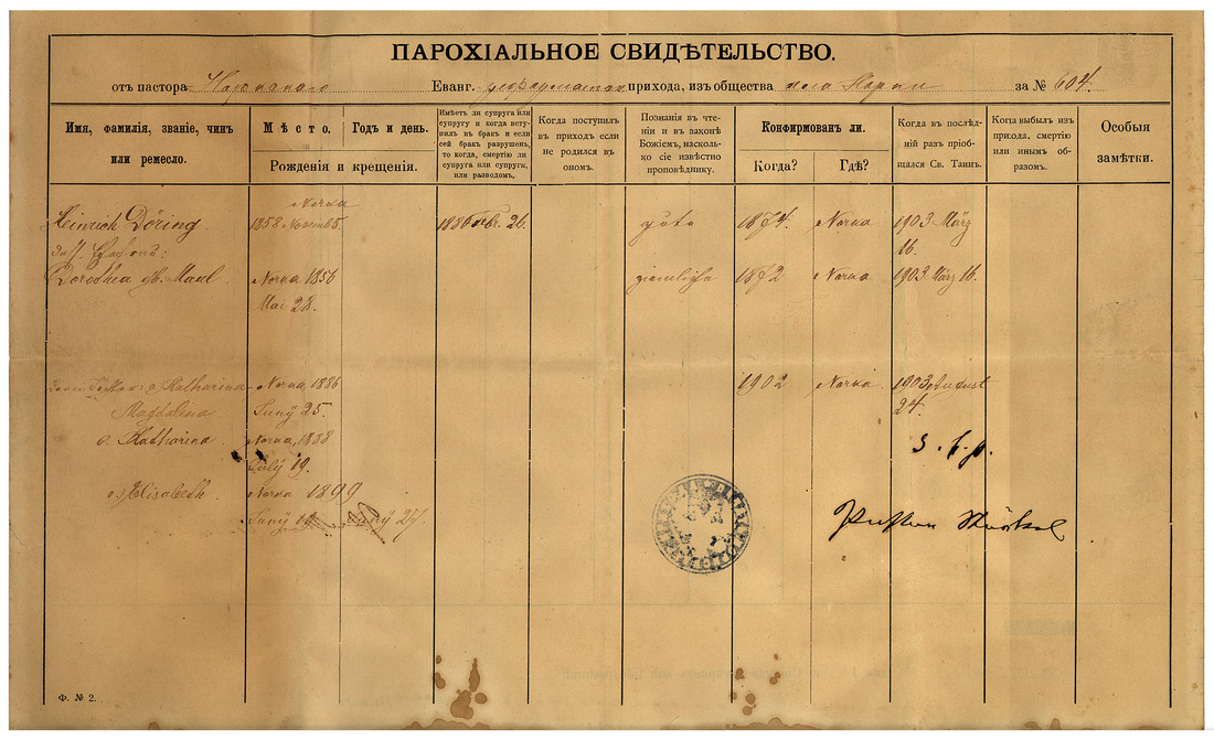 The Parochialschein (Parish Certificate) for the Döring family from the Evangelical Reformed Church in Norka