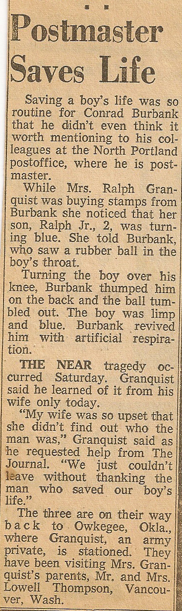 Newspaper article about a life saved by Conrad Burbank. 