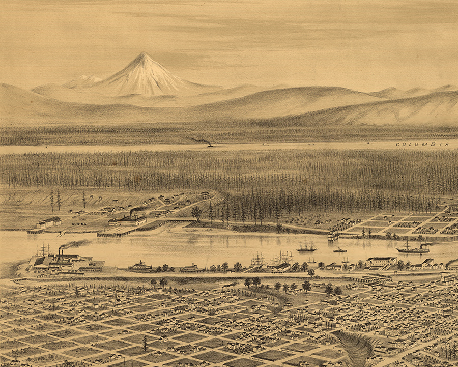 Looking east across the Willamette River to the small settlement of Albina in 1879.