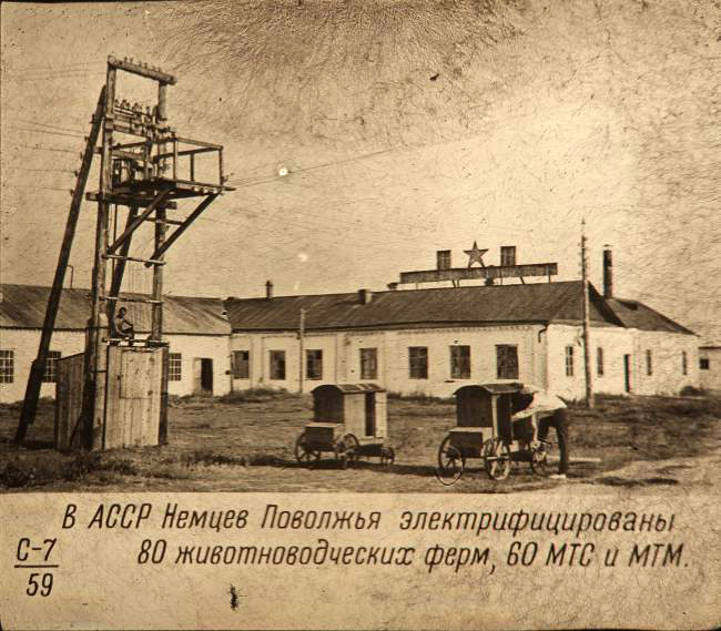 Photograph depicting the installation of electricity in the Volga German ASSR.