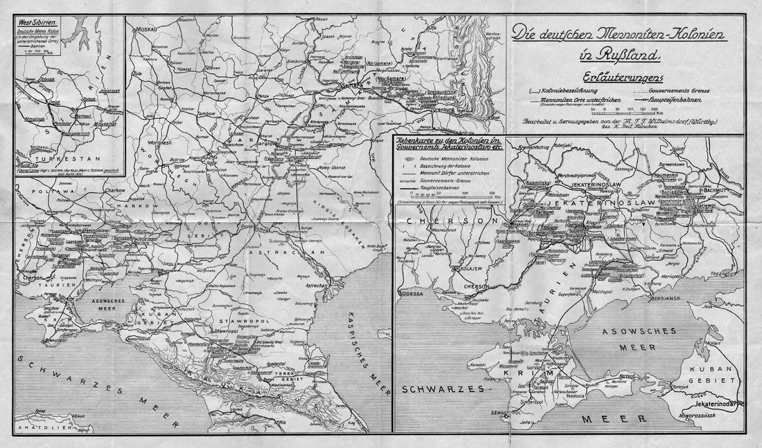 Map showing the German Mennonite colonies in Russia. 