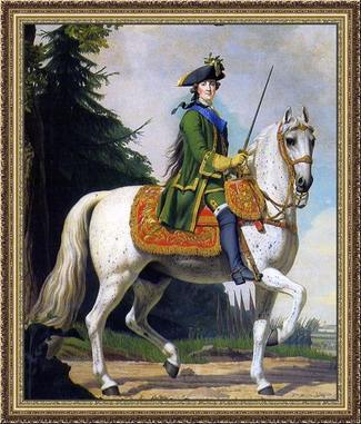 Equestrian portrait of Catherine in the Preobrazhensky Regiment's uniform by Vigilius Eriksen