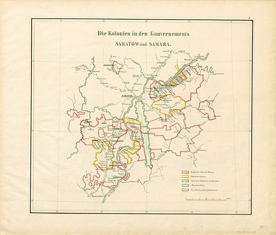 Map of the Protestant, Catholic and Mennonite settlement areas and the parish centers. 