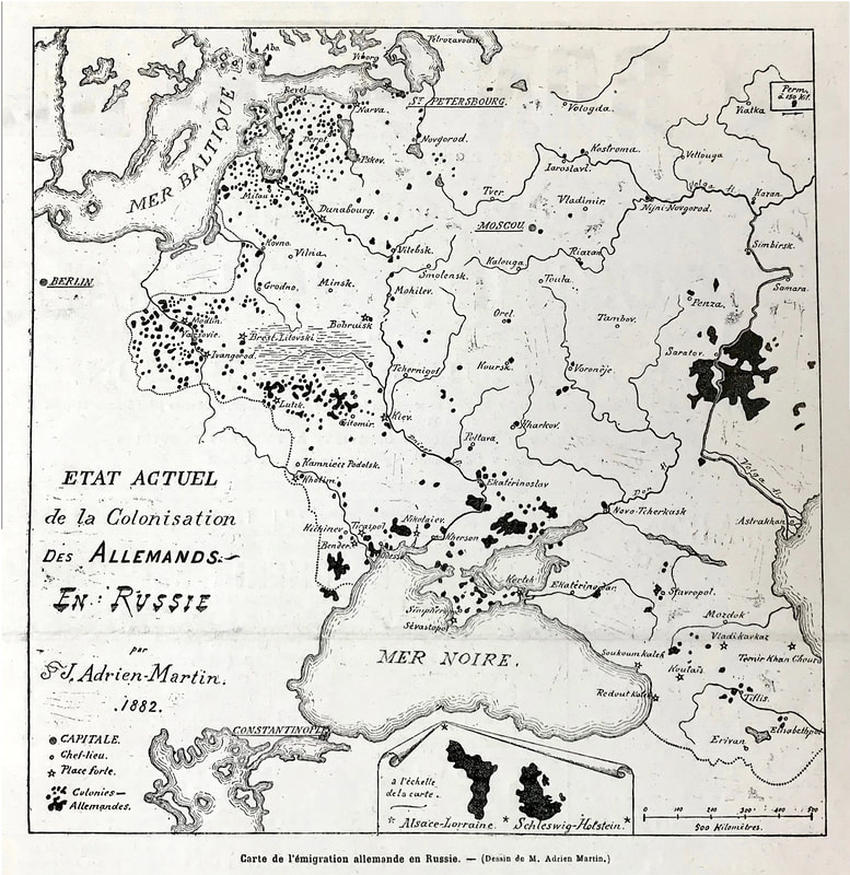A French map from 1882 showing the German colonies in Russia. Source unknown. 