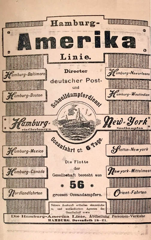 Advertisement for the Hamburg-Amerika steamship company published in the 