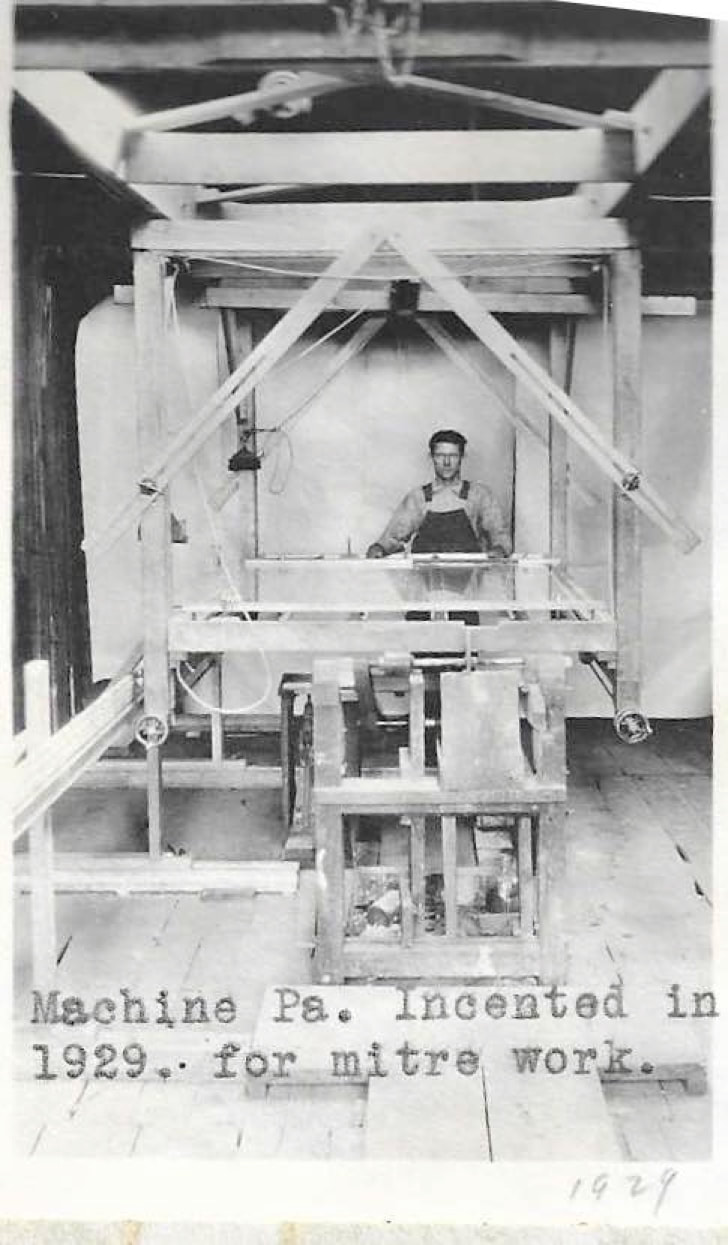 Worker posing with Henry Scheideman's invention in 1929. Source: Jack Scheideman.