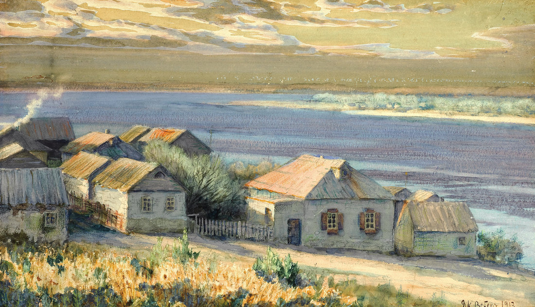 Painting of Volga German homes by the noted artists Jakob Weber.