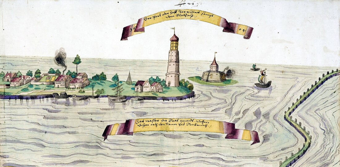 View of the Travemünde peninsula with lighthouse at the Trave estuary (1604). Source: Wikipedia. Public domain.