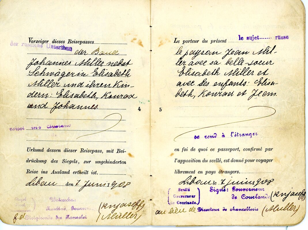 Passport for Johannes Miller and his sister-in-law, Elisabeth, and her children: Elisabeth, Konrad and Johannes. Courtesy of Robert Frederking.
