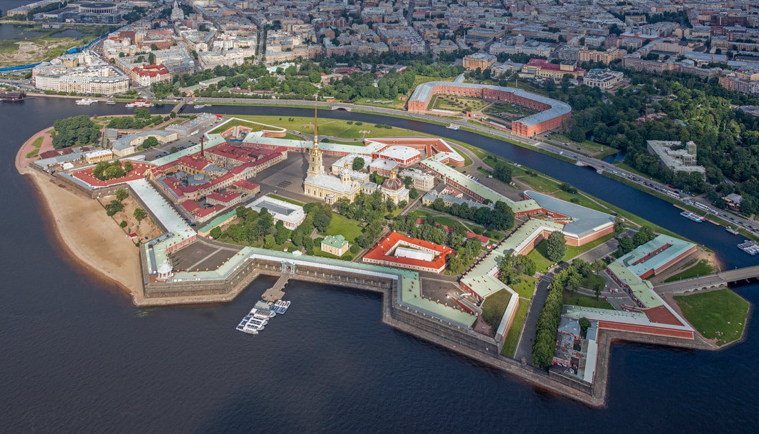 Aerial view of Peter and Paul Fortress on Zayachy Island, Saint Petersburg, Russia. Photo by Andrew Shiva / Wikipedia. 