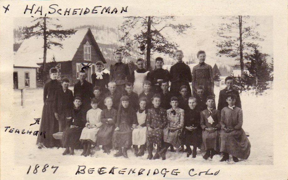 Photo showing Henry Arthur (H.A.) Scheideman with his school class in Breckenridge, Colorado in 1887. 